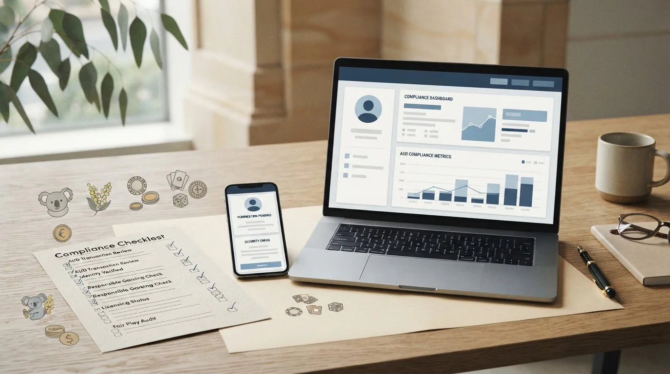 Editorial illustration of an Australian online casino review with compliance documents, AUD context and generic device screens