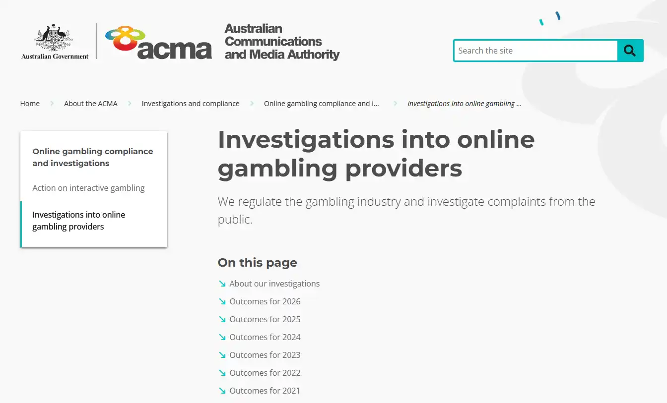 ACMA regulator record showing Rocketspin in the prohibited online gambling service context